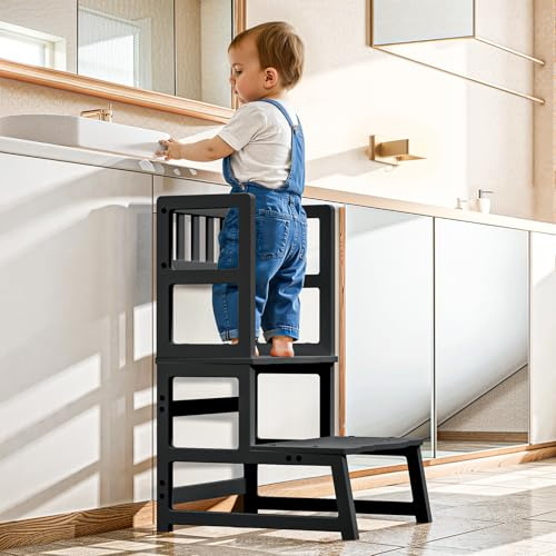 COSYLAND Taburete de Niños con 2 Peldaños y Asas – Escalón Infantil para 18 Meses en Adelante – Ideal para Cocina, Baño y Dormitorio – Negro