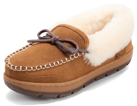 Dearfoams Women's Gladstone Genuine Shearling Moccasin, Chestnut, 11