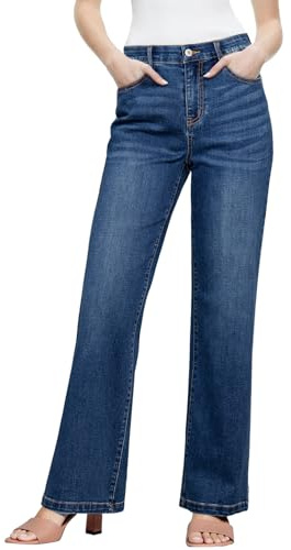 Sidefeel Women's Straight Leg Jeans High Waisted Stretchy Elastic Waist Trendy Wide Leg Denim Pants Dark Blue Size 12