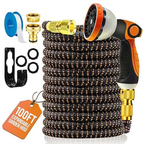 MOSII 100FT Expandable Garden Hose Pipe, Flexible Heavy Duty Water Hose Pipe Extendable with 10-Pattern Spray Nozzle, Brass Fittings, Hosepipes for Garden Car Washing (Orange, 100FT/30M)