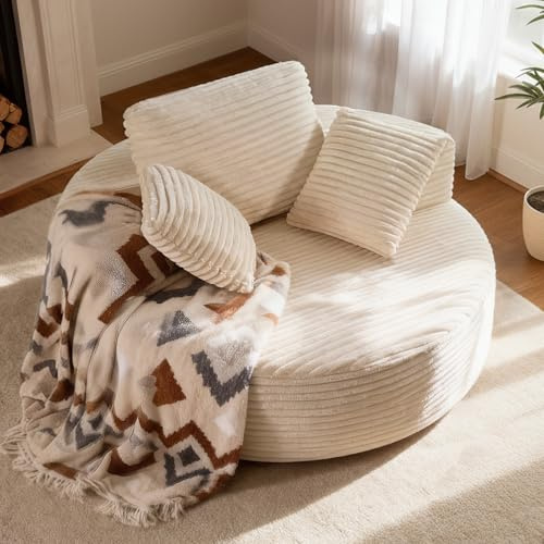55 Inch Oversized Round Chaise Lounge Chair, Modern Corduroy Upholstered Indoor Sofa, No Installation Required & Easy to Move, Accent Furniture for Living Room, Bedroom, Movie Room (Light Beige)
