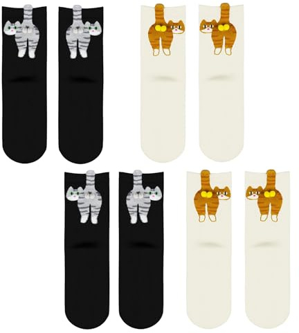 UCFBWO 4 Pares de Lindas Calcetines de Gatos con Bolas, Lindas Calcetines de Gatos con Bolas, Calcetines de Gatos 3D para Mujer de Algodón, Calcetines de Gatos con Bolas, Lindas Calcetines de Gatos