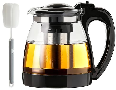 Tekanna glas 2 liter, värmebeständig tekanna med sil i rostfritt stål och rengöringsborste – för löst te, grönt te, örtte