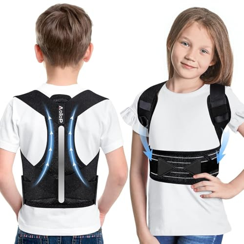 Aollop Back Posture Corrector for Kids Children has Adjustable Shoulder Straps with Shoulder Pads, Breathable Kids Back Brace with 1 Support Bar, 2 Elasticated Waistbands and Assistive Straps