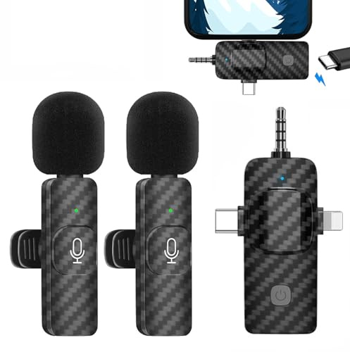 Microfono Inalambrico para iPhone/iOS/Android, Micrófono Lavalier Inalámbrico para Móvil Portátil Cámara, Micrófono para Facebook, Youtube, Twitter, TIK Tok Video y transmisión en Vivo– Juego de 2