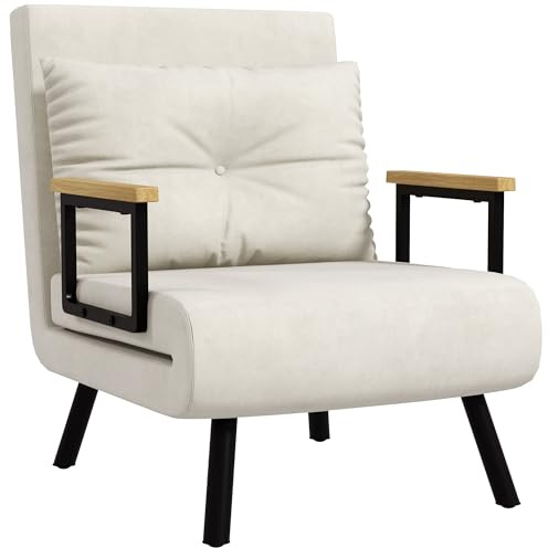 HOMCOM Schlafsessel 4 in 1 Sessel mit Schlaffunktion, 183 x 63 cm Klappbar Schlafsessel mit 5-stufig Verstellbarer Rückenlehne, Lendenkissen und Samtoptik für Wohnzimmer, Cremeweiß