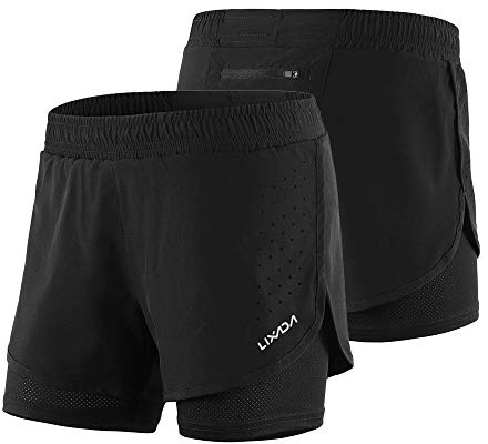 Lixada 2-i-1-byxa för kvinnor snabbtorkande andningsaktiv träning jogging-cykelsportshorts med längre innesko Women Black XS