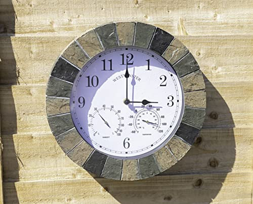 Homezone Garden Mile Westminster 10inch Garden Clock and Thermometer, Garden Wall Features Waterproof Clocks Durable Garden Decorations Clock for Patio, Kitchen, Livingroom Décor (stone slate clock)