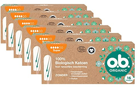 o.b. Organic Super, biotampones para días menstruales más pesados de algodón 100% con ranuras para una protección fiable y natural, 16 piezas (paquete de 6), formato exclusivo de Amazon