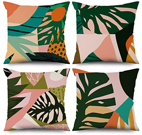 ASDCXZ Frühling Kissenbezug 40x40 cm 4er Set, Abstrakt Grün Blätter Sonne Rosa Sofa Dekokissen Kissenbezüge Kissenhülle Waschbar Polyester Flachs Textil Outdoor Polster Kopfkissenbezug Kissen Bezug