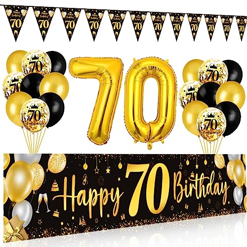 70. Geburtstag Deko für Mann und Frau - Happy Birthday Banner Schwarz Gold, Luftballons, Wimpel Girlande, Hintergrund Ballons für Männer Frauen Party