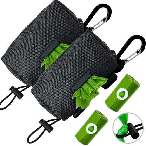 Dog Poop Bag Holder (2 Pack) Poop Bag Holder for Leash Attachment, Doggie Pet Waste Bag Dispenser, Puppy Potty Carrier Small Doggy Zipper Pouch with Carabiner Clip, Black