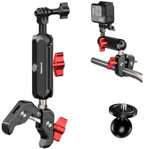 RAYWOWO Supporto a Morsetto Fotocamera, Set accessori, Testa a sfera a 360°, Braccio magico, Fotografia, Gratis per Moto, Bicicletta, Specchio, GoPro, Akaso, DJI Insta360 Action Camera (Crab Clamp)
