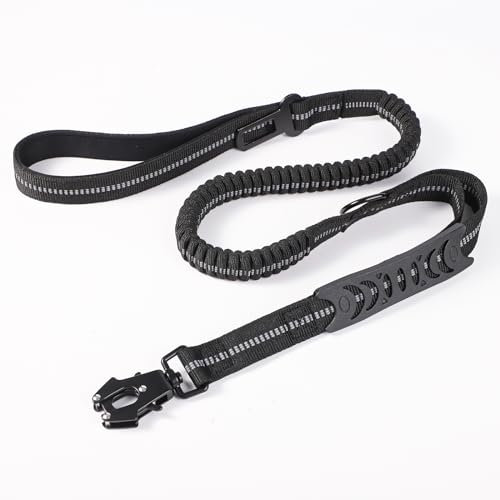 Hundeleine Bungee, 114cm Elastische Taktische Hundeleine mit Karabinerhaken und Gepolstertem Griff mit Autosicherheitsgurt für Das Gassigehen mit Verschiedenen Hunden (Schwarz)