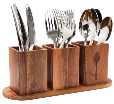 Bambus Besteckhalter besteckkorb 3 Teilig aus Holz Besteck Organizer Küchenutensilienhalter für Küche Besteckständer für Esstischdeko Besteckbehälter – mit Ablaufloch – Maße 33 x 11,5 cm