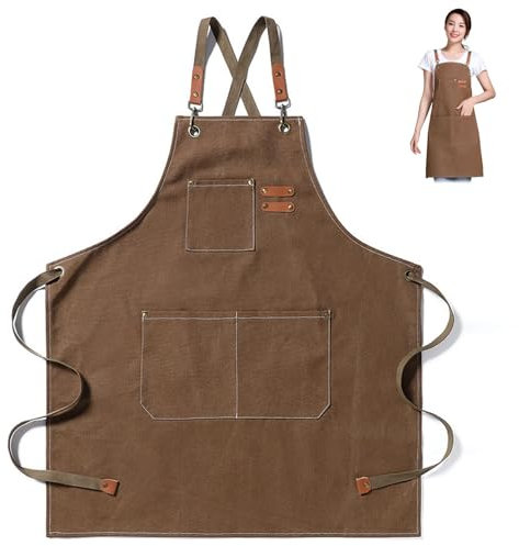 Buaak Metzgerschürze, Arbeitsschürze Herren, Küchenschürze Damen, Gärtnerschürze, Kochschürze, Schweißerschürze, mit 3 Taschen, verstellbarer Riemen, für Küche, Garten, Schmiede, Werkstatt, Braun