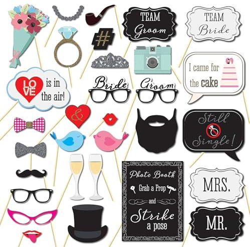 31 Pcs Wedding Photo Booth Props with Sticks,Funny Party Selfie Accessories for Bridal Shower, Bachelorette, Valentine's Day, Birthday & Graduation Decorations