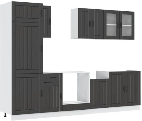 vidaXL Kalmar 8-Piece Kitchen Cabinet Set, Black Wood Material, Kitchen Unit, Fitted Kitchen, Cupboard Set, Base Cabinet, Kitchen Cabinet, Wall Cupboard