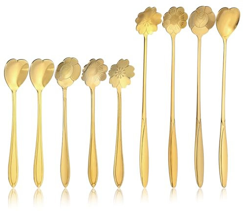 Lot de 9 cuillères à fleurs en acier inoxydable - Cuillères à café créatives - Pour café, thé, gâteau, dessert, glace - Doré