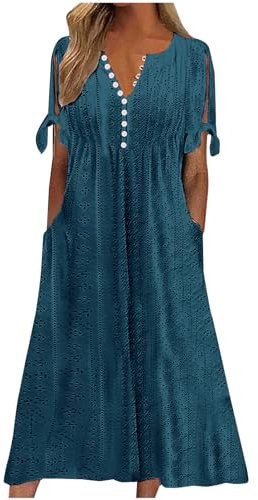 KUIH Summer Dresses for Women UK Loose Casual Maxi Dress Short Sleeve V Neck Tunic Flowy Pleated Beach Sundress Plus Size Ladies Boho Dress Holiday Essentials A Line Bridesmaid Dresses