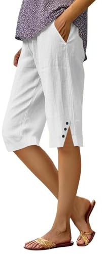 SCBFDI Pantacourt Femme Taille Elastique, Bermuda Femme Ete Pantalon Ete Scolaire Branché Casual Crayon Pantacourt Cintrée Cool Fille Élastique Colorée Bouton, Pantacourt Running Blanc XXL