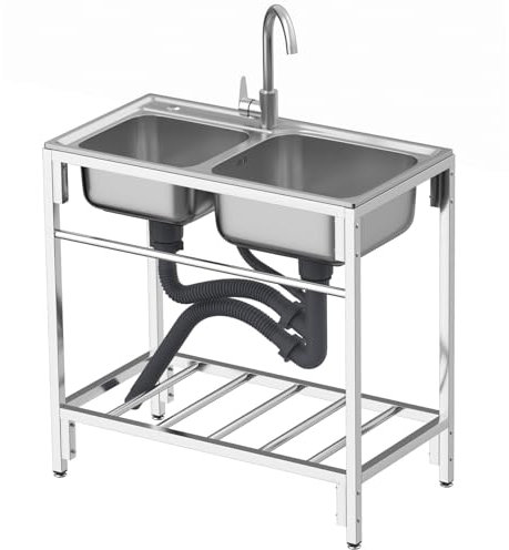 LAVELLO DA CUCINA Lavello da ristorante commerciale, lavello da cucina a doppia vasca in acciaio inossidabile con rubinetto caldo freddo, lavello da catering per ristorante cucina hotel