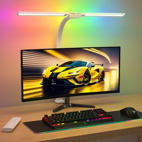 SIBRILLE Lámpara de escritorio RGB de doble cabeza LED regulable, 22 W 80 cm, lámpara de luz diurna con mando a distancia, lámpara de mesa giratoria, protección ocular, cuello de cisne