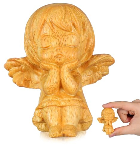 HANABASS Figurine Ange Bois Sculptée Décoration D’Ange en Bois Statue Religieuse Miniature pour Maison Bureau Ou Café 6.00 X 4.50 X 4.00 Cm 1 Pièce