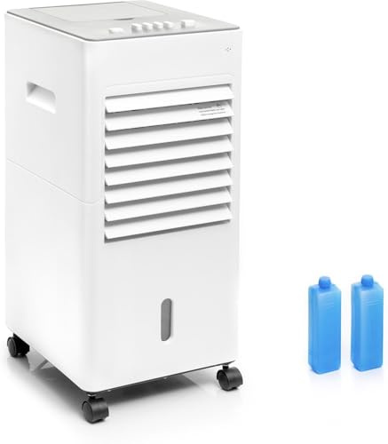 Climatiseur évaporation Portable, Rafraîchisseur d’air - 5 Litres, 3 vitesses, Double Réservoir, Blocs réfrigérants, Filtre Lavable, Roues pivotantes 360°, Flux d’air Orientable, Silencieux, 65 Watts
