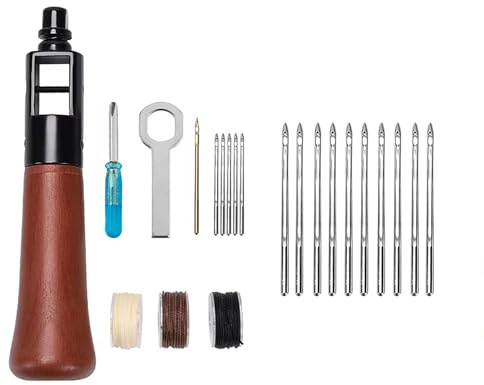 WUTA Professional Leather Stitching Awl Tool Set, 0.55mm Heavy Duty Sewing Awl Kit with 10 Pcs Silver Needle, Portable Hand Stitcher for Leather Craft, Shoe & Bag Repair
