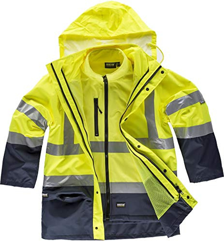 WORKTEAM Parka Convertible 4 en 1 Alta Visibilidad, Impermeable y con Chaqueta Interior Softshell Desmontable, Cintas Reflectantes, Protección Frío y Lluvia. Hombre Amarillo A.V.+Marino XL