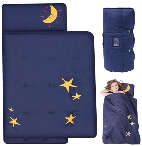 Tapis de Sieste Enroulable pour Tout-Petits, 50, 8 x 116, 8 cm, Motif étoile et Lune, avec Oreiller et Couverture, Sac de Couchage Portable pour garderie, école Maternelle, Maternelle