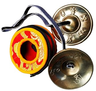 Gandhanra Conjunto de Campanas de platillos de meditación Tibetanas - Platillos Tingshas Tibetanos - Hecho a Mano en Nepal - campanas - Bronce Om 6.5cm
