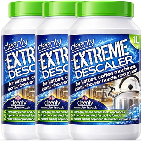 Cleenly Extreme Descaler for Kettles, Coffee Machines, Shower Heads, Irons, and More! (3 x 1 Litre) - Super Strong Descaler Liquid