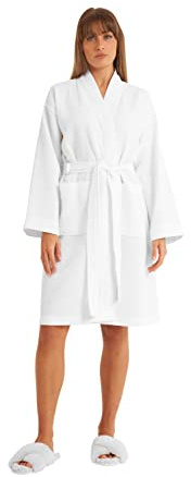Cotton Trend Ladies White Waffle Dressing Gown 100% Turkish Cotton Lightweight Robe with Kimono Collar Bathrobe for Women Luxury Soft Knee Length Robe Perfect Loungewear