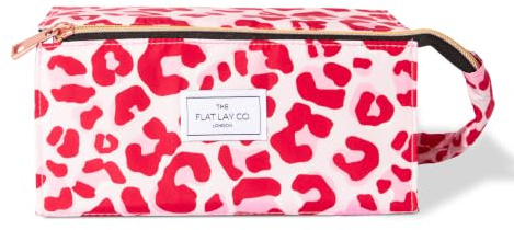 The Flat Lay Co Makeup Box Bag, Pink Leopard | Foldable Cosmetic Organiser, Easy Opening Sides, Opens Flat, For Everyday Use & Travel