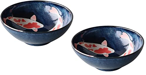 Minorutouki Lot de 2 bols japonais Mino-yaki en céramique - Taille XL - Pour ramen - Fabriqué au Japon - 21,5 cm - Motif carpe rouge porte-bonheur - Noir
