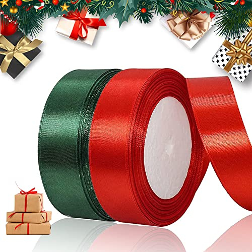 BUENTYA 2 Rotoli Nastri Raso Natalizi Nastri Decorativi Natalizi Rosso/Verde Scuro nastro regalo di Natale per Decorazioni Natalizie Matrimonio Festa di Compleanno (22M * 25MM)