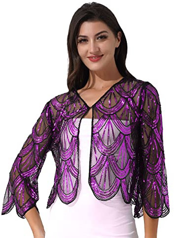 Freebily Coprispalle Donna Cardigan in Pizzo Elegante Giacca con Paillettes Bolero da Cerimonia Matrimonio Top Leggero Orlo Irregolare Abito da Sera Club Cocktail Rosa Taglia Unica