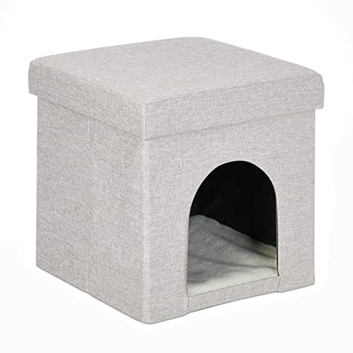 Relaxdays Cama Cueva para Gatos con Taburete, Escondite con Cojín Gatitos, Perros Cachorros, MDF, 38,5x37x37 cm, Beige