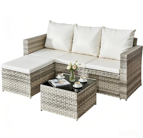 Aweather 3 Pcs Rattan Garden Furniture Sets Outdoor Corner Sofa, All-Weather Handwoven PE Sofa Set, Small Patio Conversation Set with Washable Cushions and Coffee Table, Four Seats