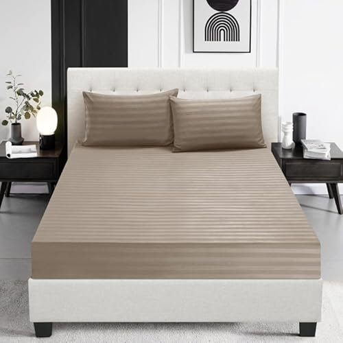 Prime Linens Satin Stripe Fitted Sheet Bed Sheet Brushed Microfiber 30 Cm Deep Fitted Sheet Elastic Edges Breathable Soft Machine Washable Fade Resistant (Mink, Double)