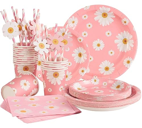 EASY JOY 80 PCS Daisy Party Decorations Pink Flower Paper Plates Daisy Floral Party Tablewares Pastel Paper Plates Cups and Napkins for Girl Birthday Baby Shower Afternoon Tea Garden Decor