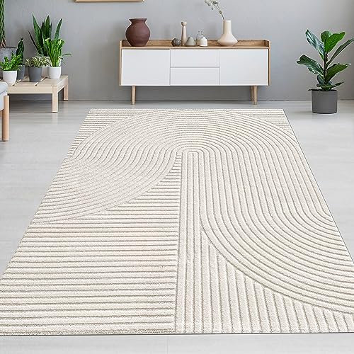CARPETIA Teppich Wohnzimmer Schlafzimmer Designerteppich Hoch-Tief / 3D Effekt modern abstrakt weich Kurzflor Boho Creme 140 x 200 cm
