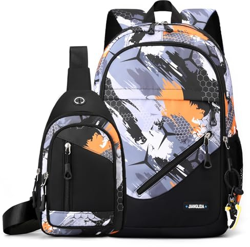 Amythe Mochila Escolar Niño Teenager con Bolsos Cruzados Hombre Casual Daypack para Chicos 9 10-18 años, Mochilas Escolares Adolescentes Grande Impermeable Camouflage, Naranja