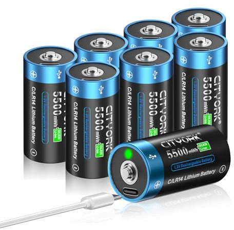 CITYORK Batería C Recargable USB de 1,5 V 5500 mWh (Paquete de 8), Baterías Baby C de Iones de Litio Recargables con USB-C, Carga Menos de 2 Horas, Más de 1000 Ciclos, con Cable de Carga Tipo C, Carga