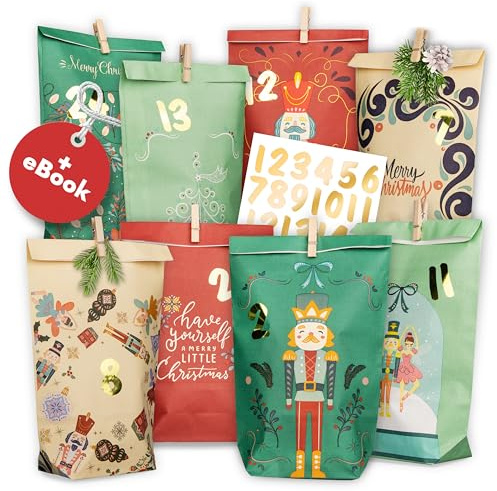 AMARI ® Calendario de Adviento para rellenar, 24 bolsas de papel para calendario de Adviento (con pinzas de madera) para manualidades para niños, calendario de Navidad de papel para rellenar, bolsas