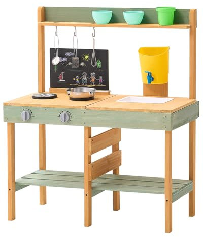 VEVOR Cuisine de boue pour enfants, 762 mm, ensemble cuisine en bois, avec jardinière, cuisinières, réservoir, robinet, tableau noir, casseroles, accessoires, jeu d'épicerie extérieur pour tout-petits