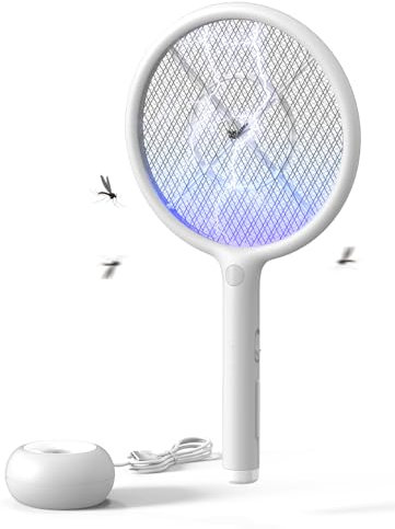 AROEVE Raqueta Mosquitos Electrica, 2-en-1 Raqueta Matamoscas Electrica, 4000V, Base de Carga USB, Batería Recargable de1200mAh, Modo de Atracción Auto, luz LED, Protección de 3 Capas,Blanco