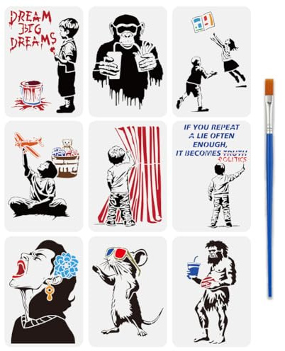FINGERINSPIRE 9 Pcs Banksy Painting Stencil with Brush 21x29.7cm Sunglasses Rat Graffiti Boy Monkey Fast Food Catching Books Game Drawing Template Big Dreams Screaming Woman Pattern DIY Stencil